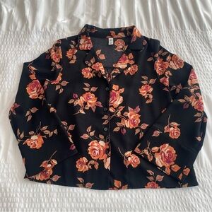 BP Nordstrom black button down collar blouse with floral design size XS